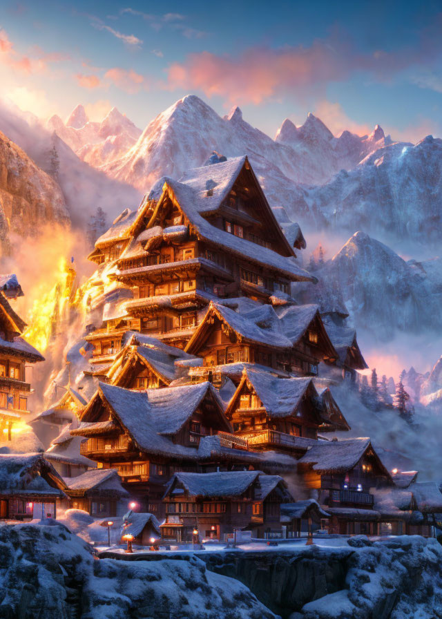 Wooden structure with illuminated windows in snowy mountains at sunset
