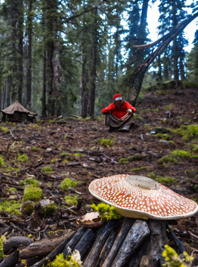 Vivid red-capped mushroom in focus with forest backdrop and person in red jacket.