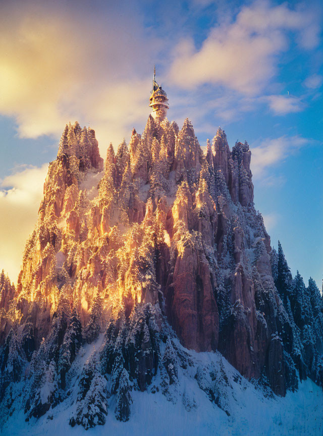 Snowy Mountain Peak at Sunrise with Tower and Snow-Laden Trees