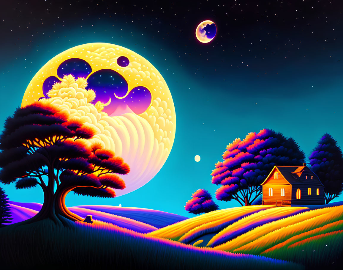 Colorful Night Landscape Digital Artwork with Moon, Stars, House, and Trees