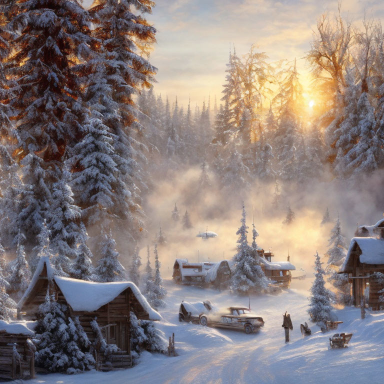 Snowy village sunrise with frosty trees, person walking dogs, rustic cabins, vintage car.