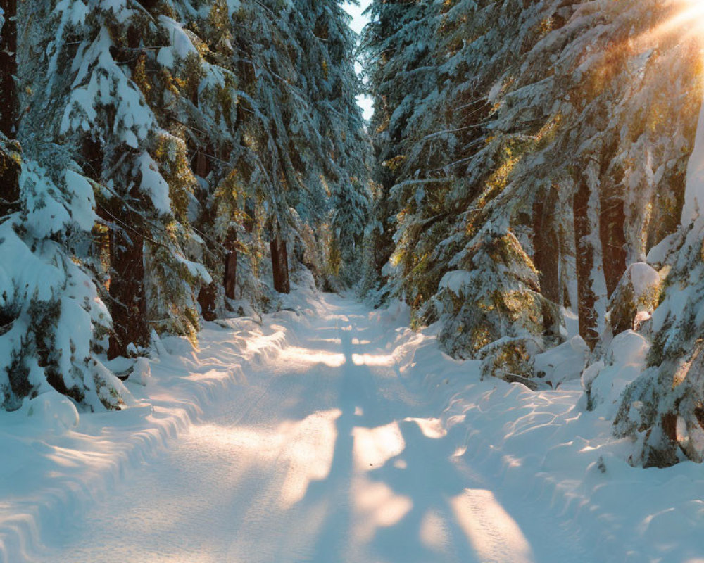 Snowy Path Through Dense Coniferous Forest with Sunlight and Shadows