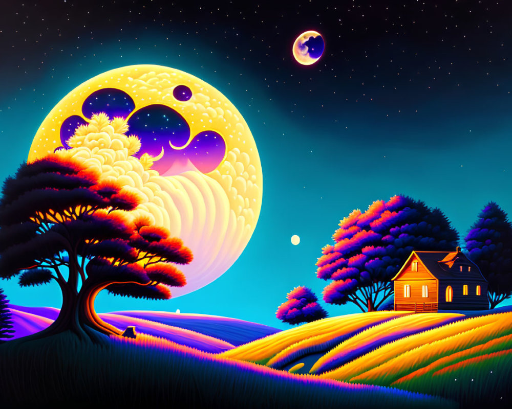 Colorful Night Landscape Digital Artwork with Moon, Stars, House, and Trees