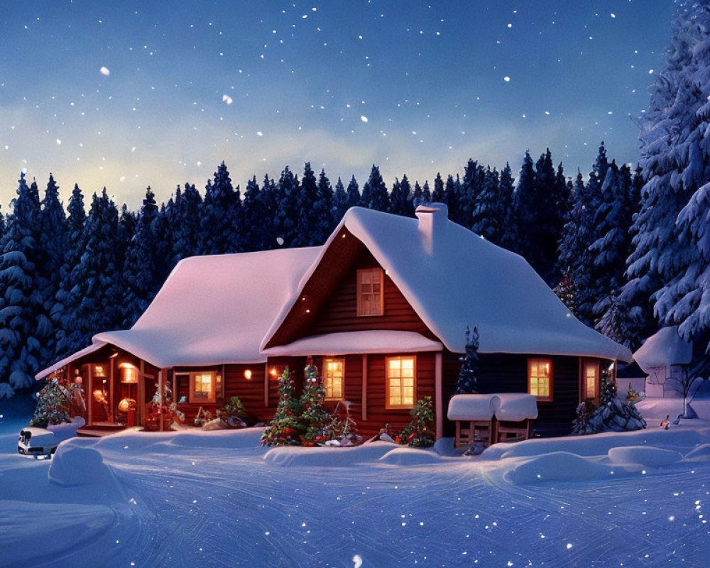 Snow-covered log cabin decorated with Christmas trees in serene snowy forest