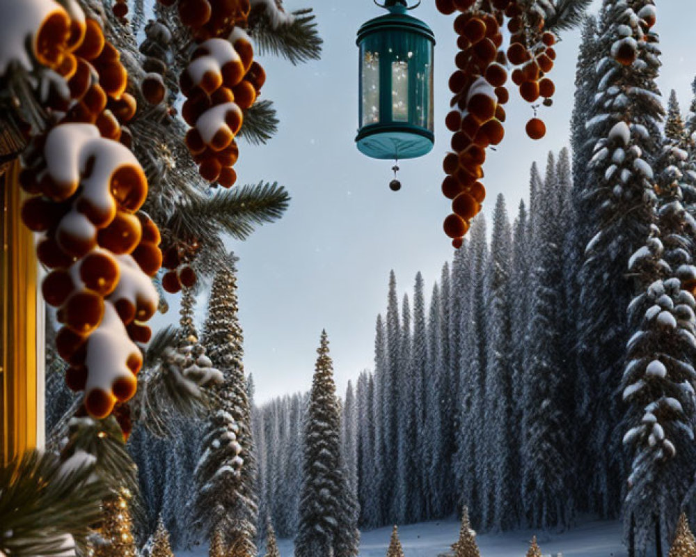 Snow-covered trees and festive decor in outdoor winter scene