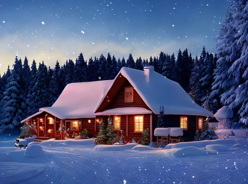 Snow-covered log cabin decorated with Christmas trees in serene snowy forest