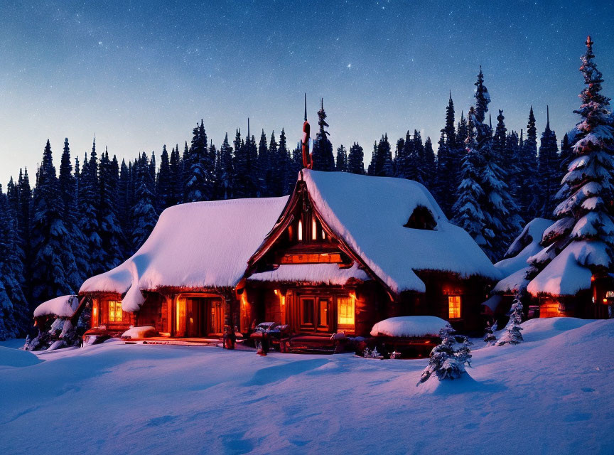 Snow-covered cabin surrounded by pine trees under starry sky