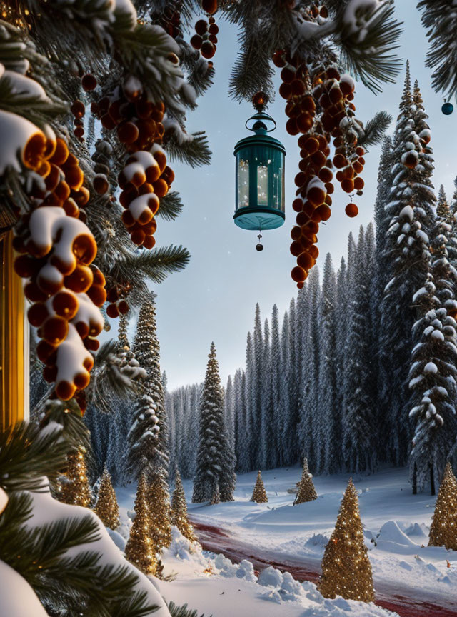 Snow-covered trees and festive decor in outdoor winter scene