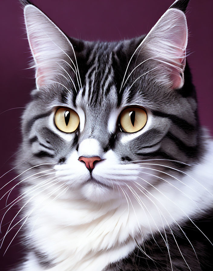 Black and White Striped Cat with Fluffy Fur and Amber Eyes on Purple Background