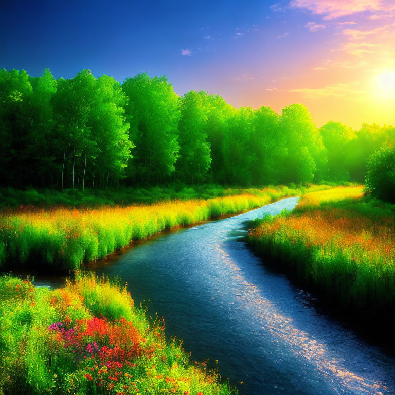 Scenic landscape with river, greenery, and wildflowers