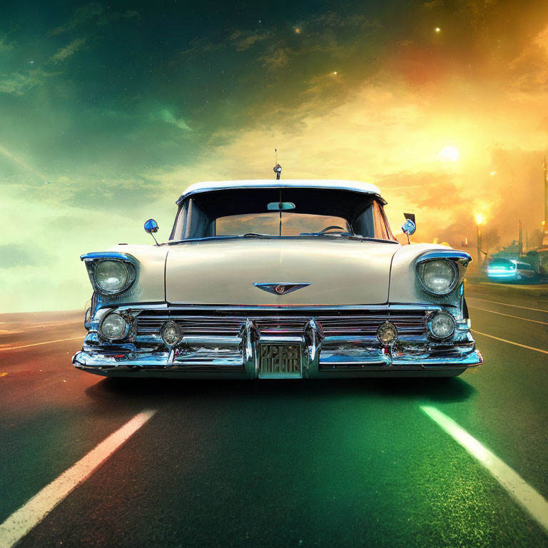 Classic Vintage Car on Road at Sunset with Fiery Skies and Front Grille Detail
