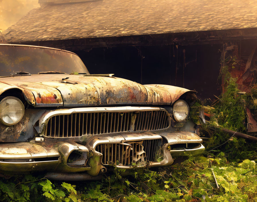 Abandoned rusty car in front of dilapidated barn in misty setting