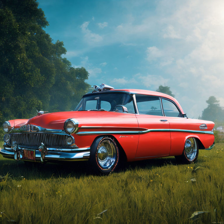 Vintage 1950s Red and White Car with Chrome Detailing in Foggy Field