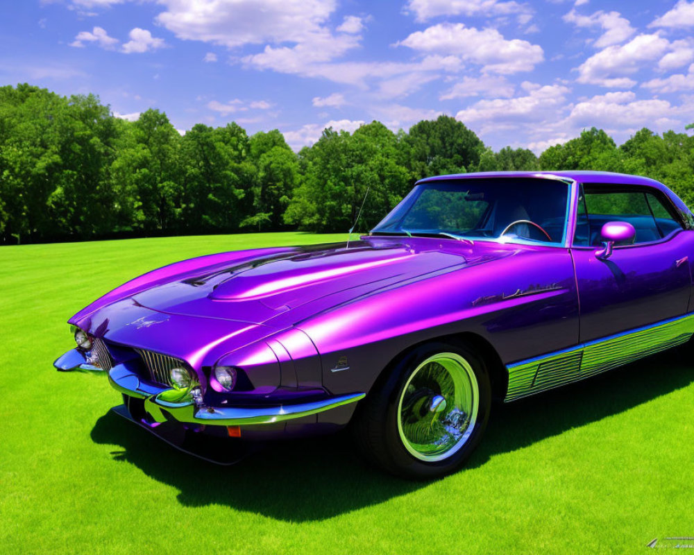Purple Vintage Convertible Car with Green Accents Parked on Green Grass Against Blue Sky