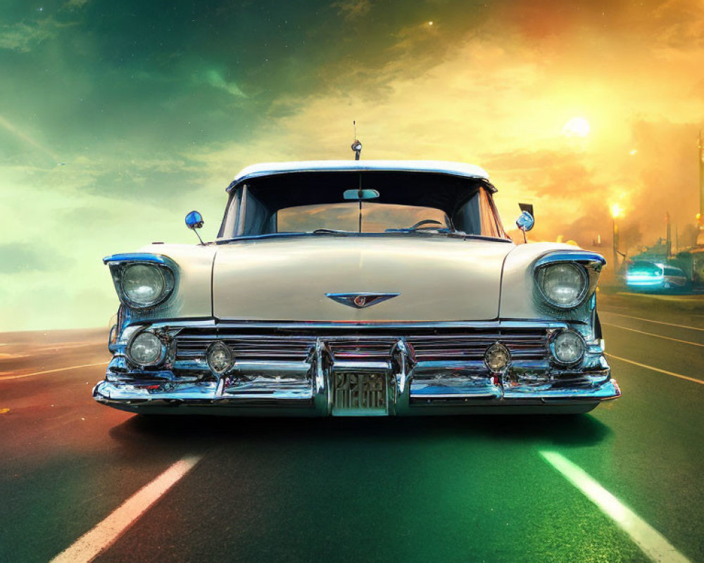 Classic Vintage Car on Road at Sunset with Fiery Skies and Front Grille Detail