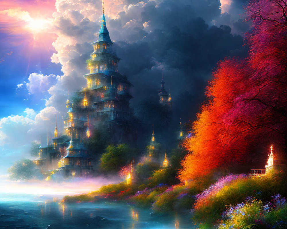 Fantastical castle with multiple spires in vibrant, colorful landscape