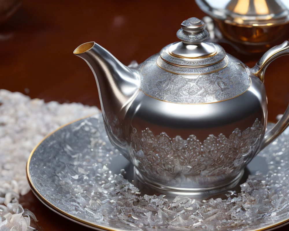 Silver Teapot with Intricate Designs on Matching Saucer with Crystal Beads on Wooden Surface