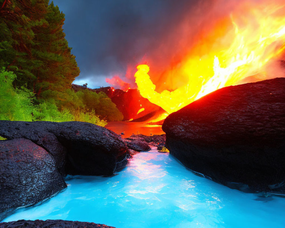 Volcanic eruption with fiery lava flow meets blue river