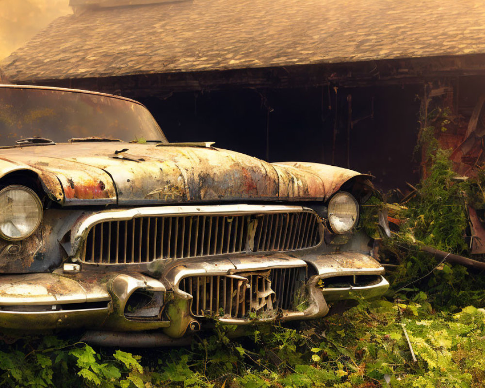Abandoned rusty car in front of dilapidated barn in misty setting
