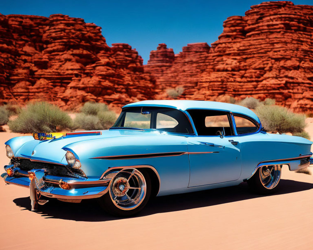 Vintage Blue and White Car in Desert Setting