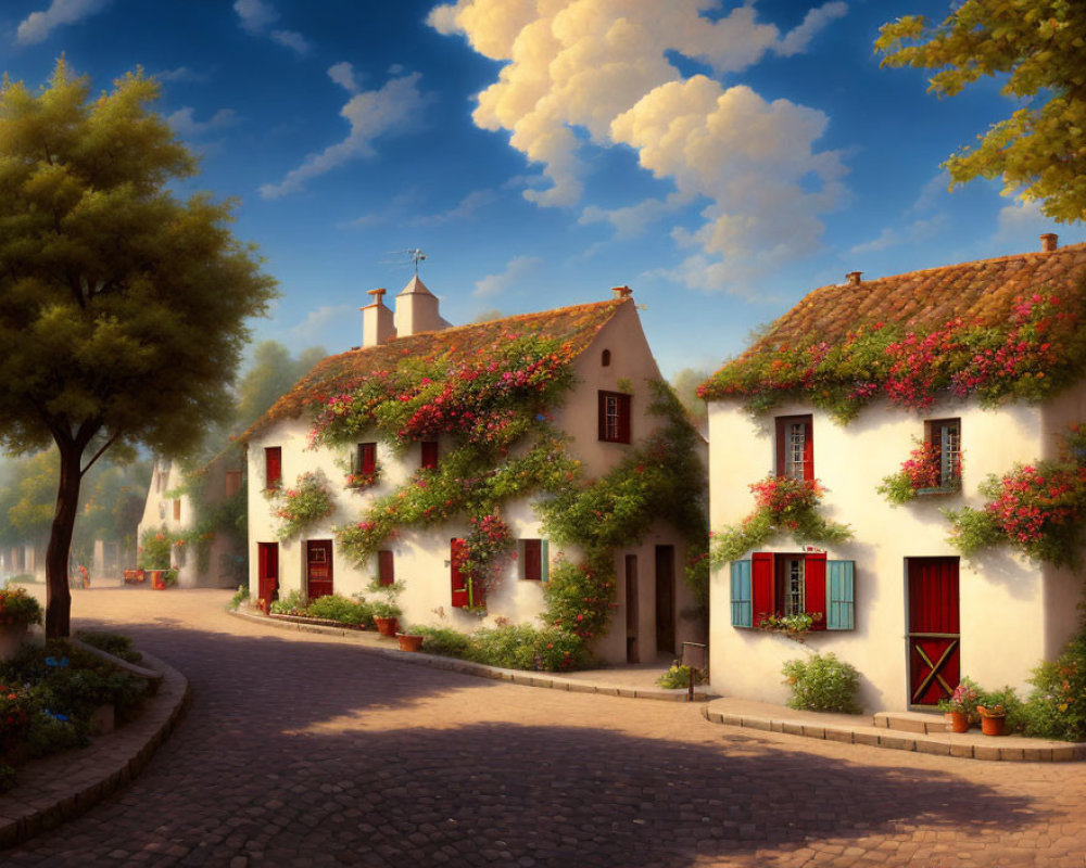 Picturesque cobblestone street with white houses and flowering vines under a serene sky