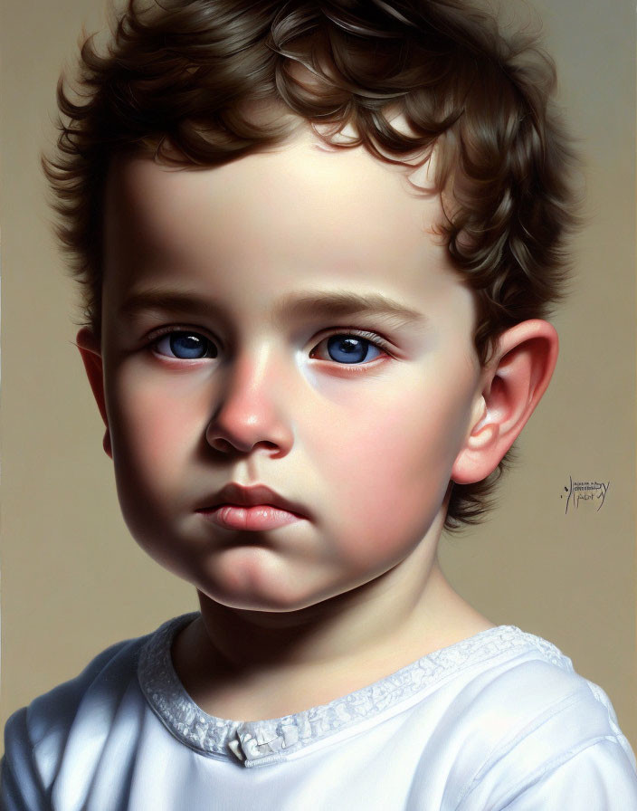Hyperrealistic Portrait of Young Child with Curly Hair and Blue Eyes