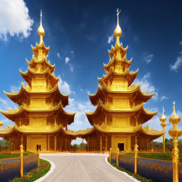 Golden pagodas under blue sky with fluffy clouds and clear pathway