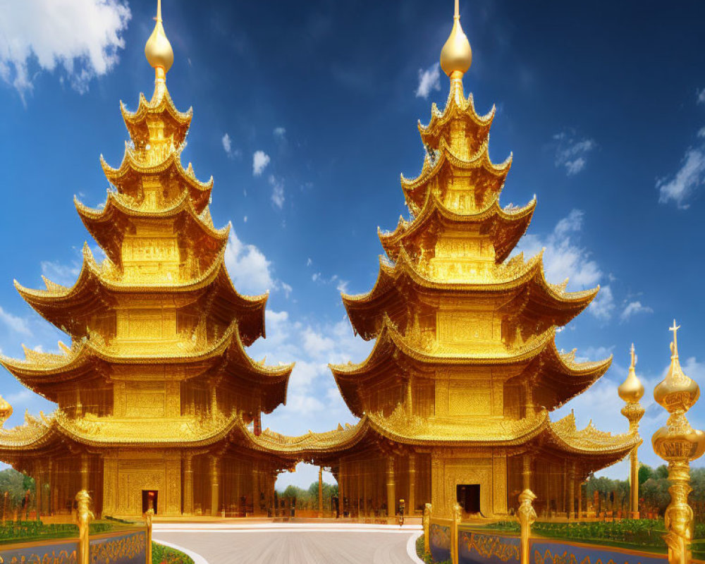 Golden pagodas under blue sky with fluffy clouds and clear pathway