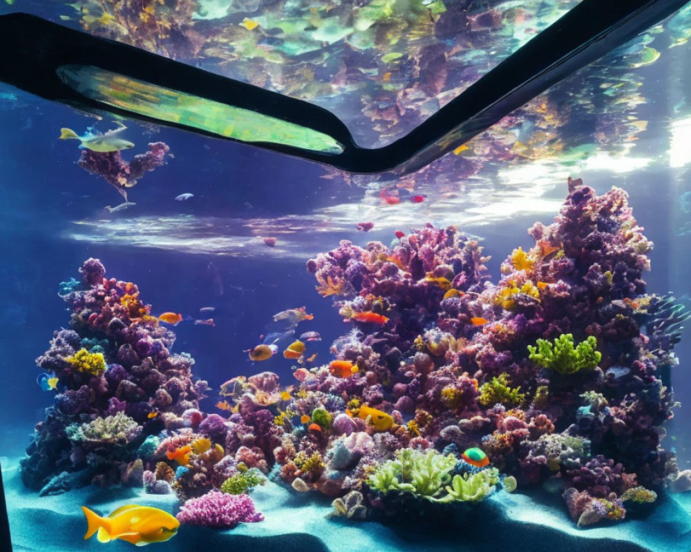 Colorful Coral and Tropical Fish in Clear Aquarium View