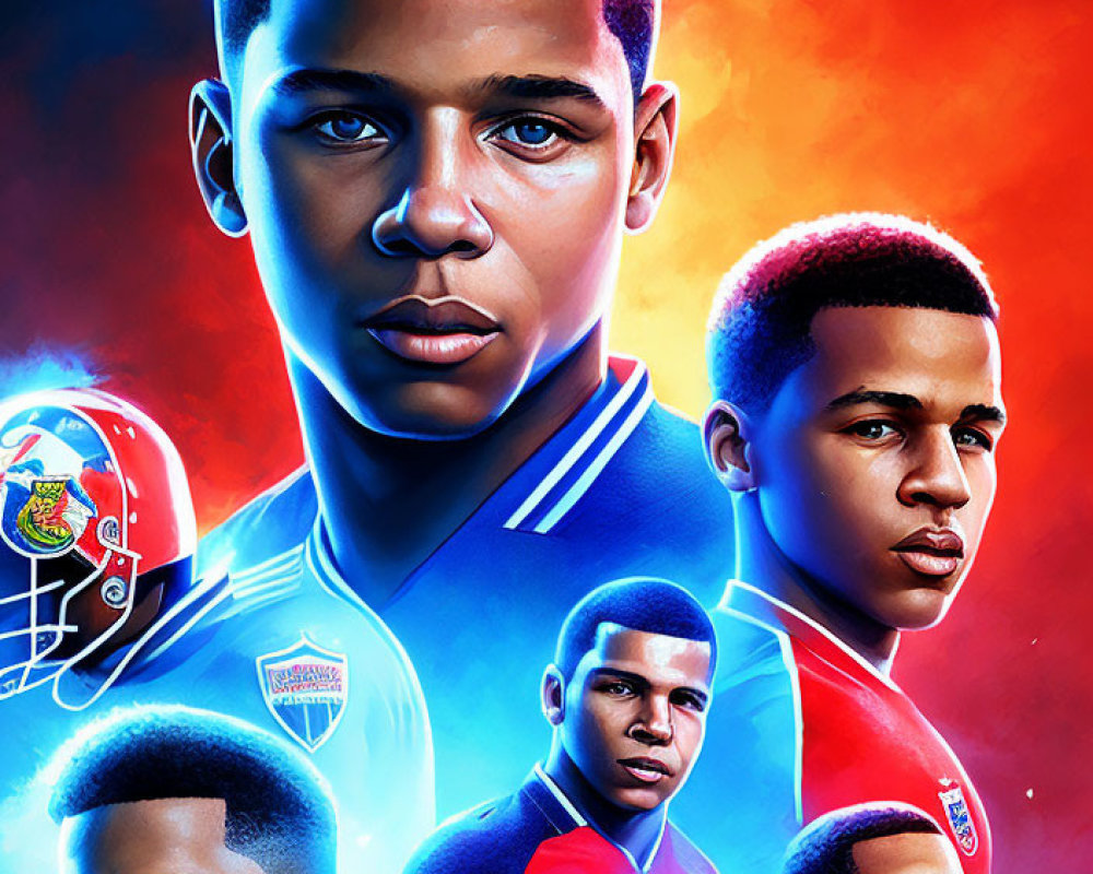 Young Male Athlete in American Football and Soccer Uniforms on Vibrant Red and Blue Background