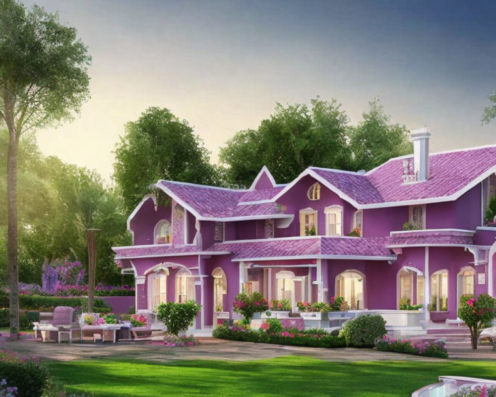 Two-story purple house with white trim in serene dusk setting