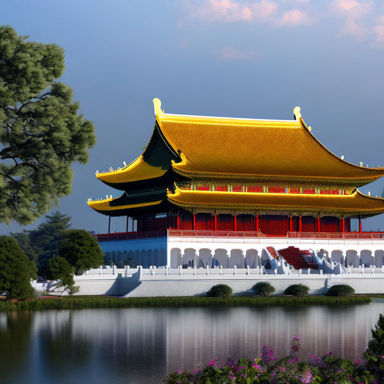 Traditional East Asian Palace with Golden Roofs by Tranquil Lake