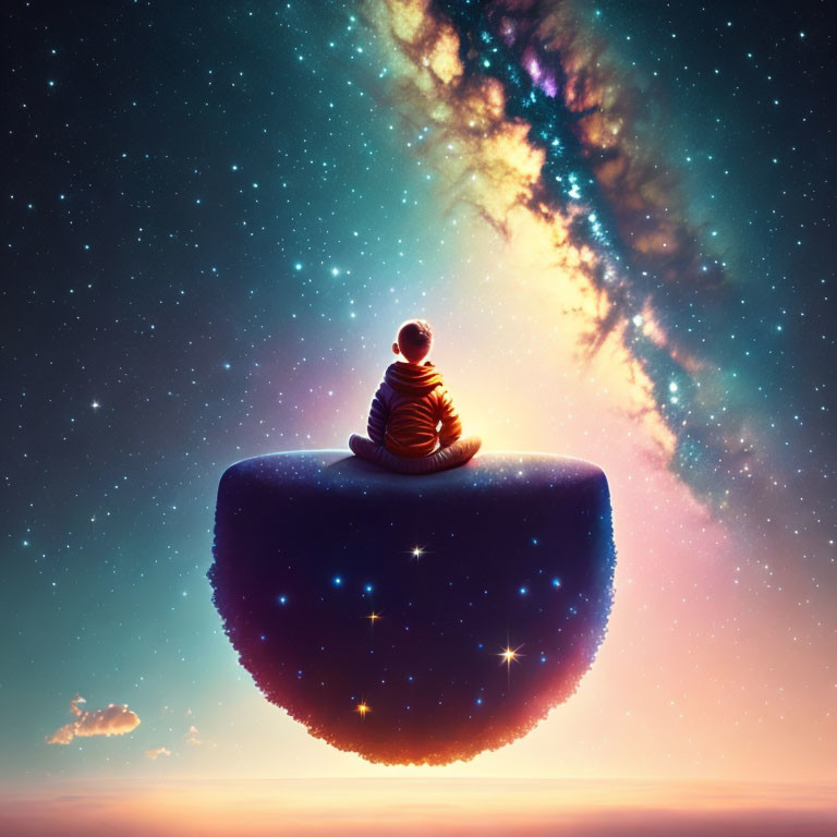 Person in meditative pose on floating island under cosmic sky.