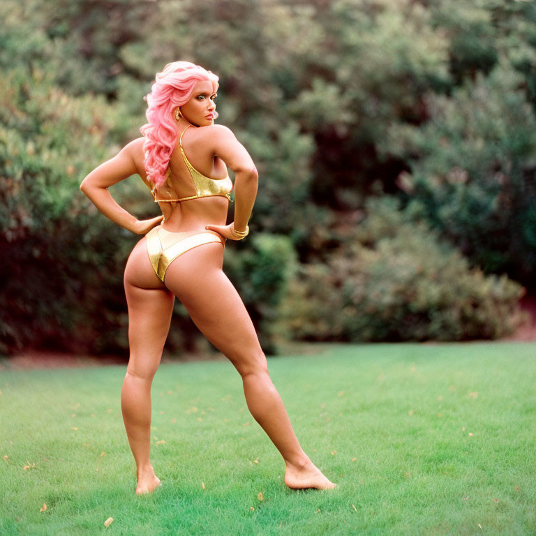 Pink-haired person in gold bikini on green lawn