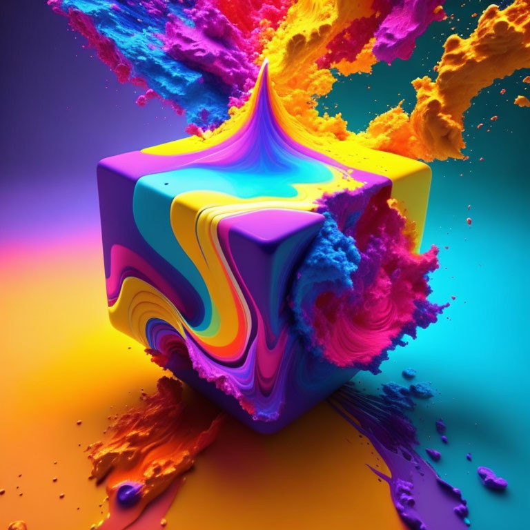 Colorful Swirling Pattern Cube Surrounded by Powder Clouds on Colorful Background