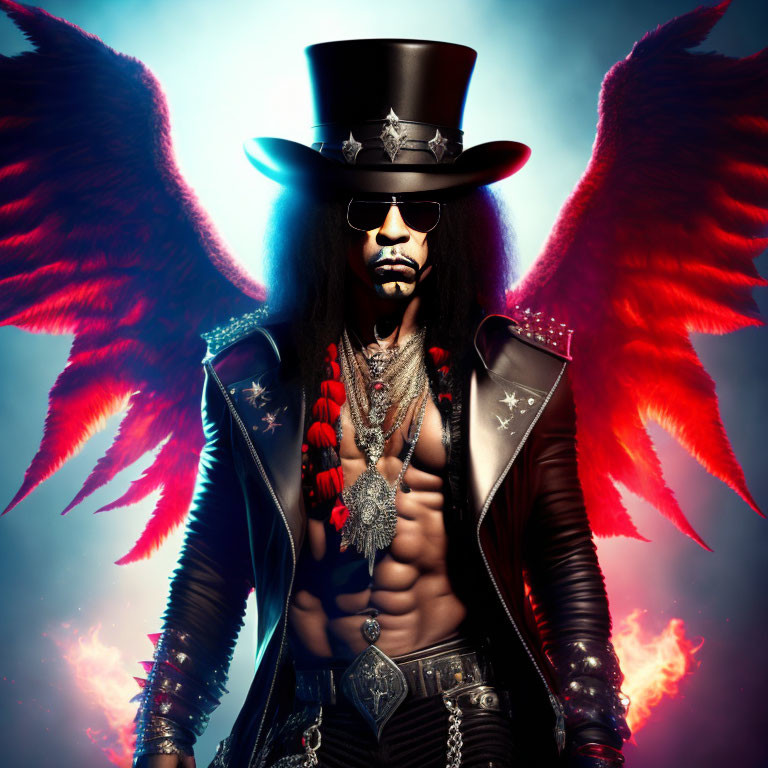 Person with Red Angel Wings in Top Hat and Sunglasses on Blue Flame Backdrop