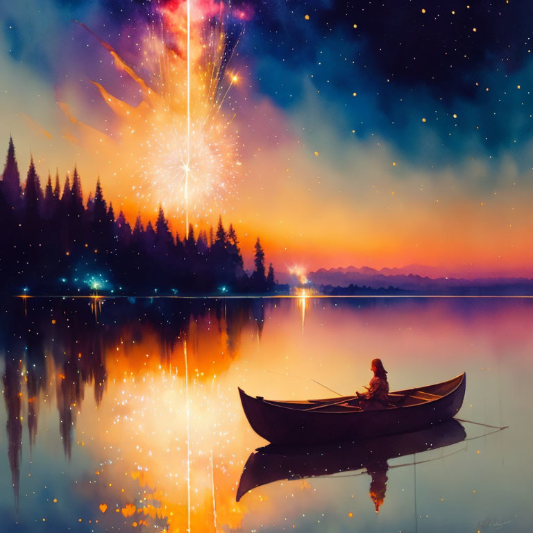 Person in canoe on calm lake at sunset with fireworks and starry sky.