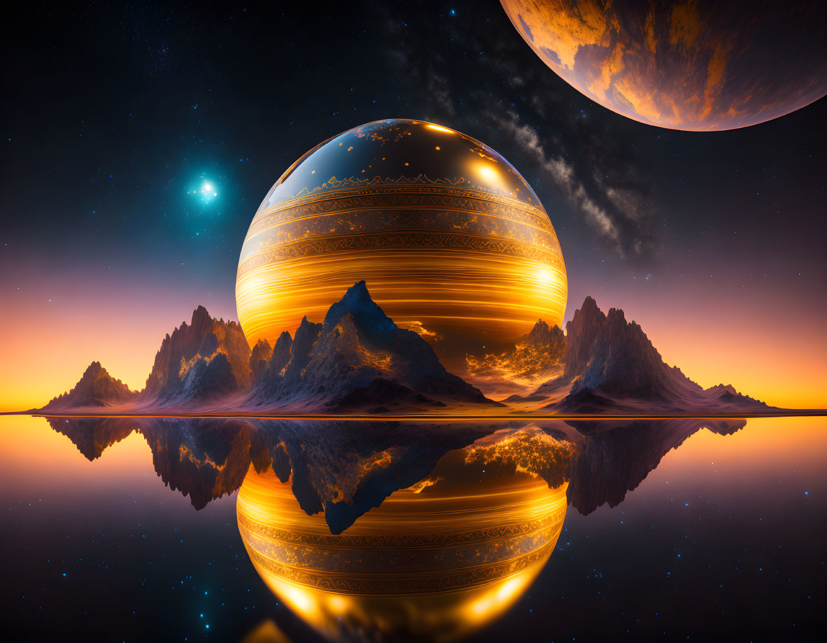 Surreal landscape with mountains, reflective surface, planets, and stars