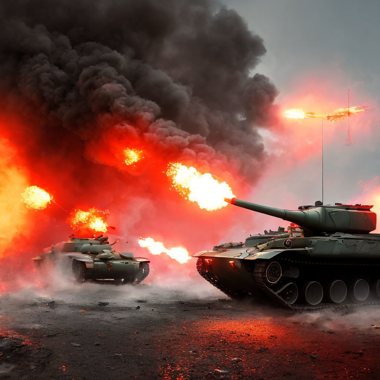 Tank combat scene with firing shell and explosions in dark sky