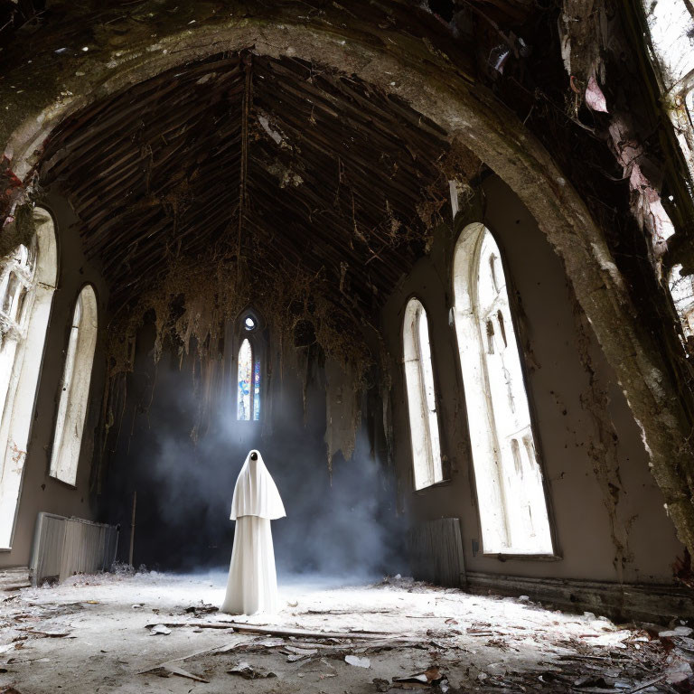 Figure in White Cloak in Dilapidated Church with Stained Glass Window