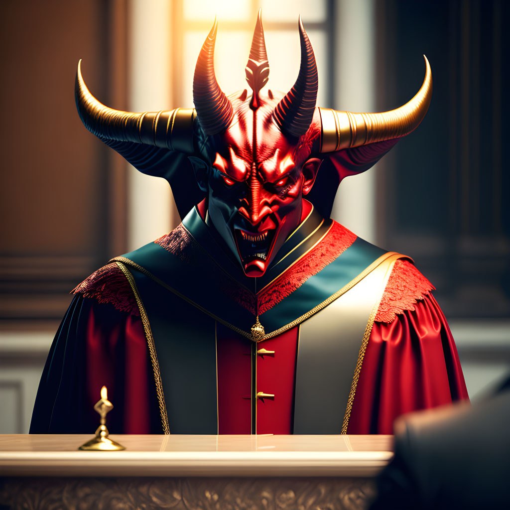 Sinister figure with red demonic face and horns in green robe at desk