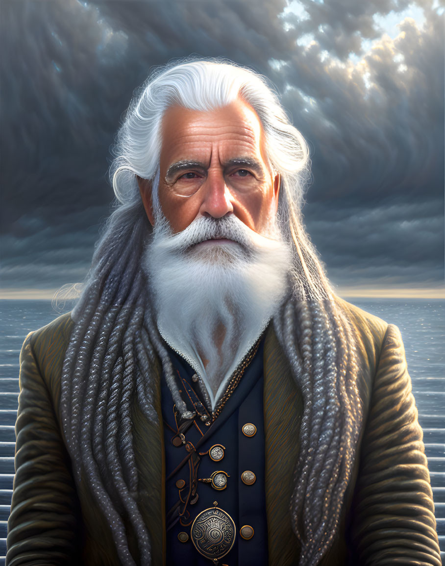 Elderly man with long white beard in coat and medallion by cloudy sea