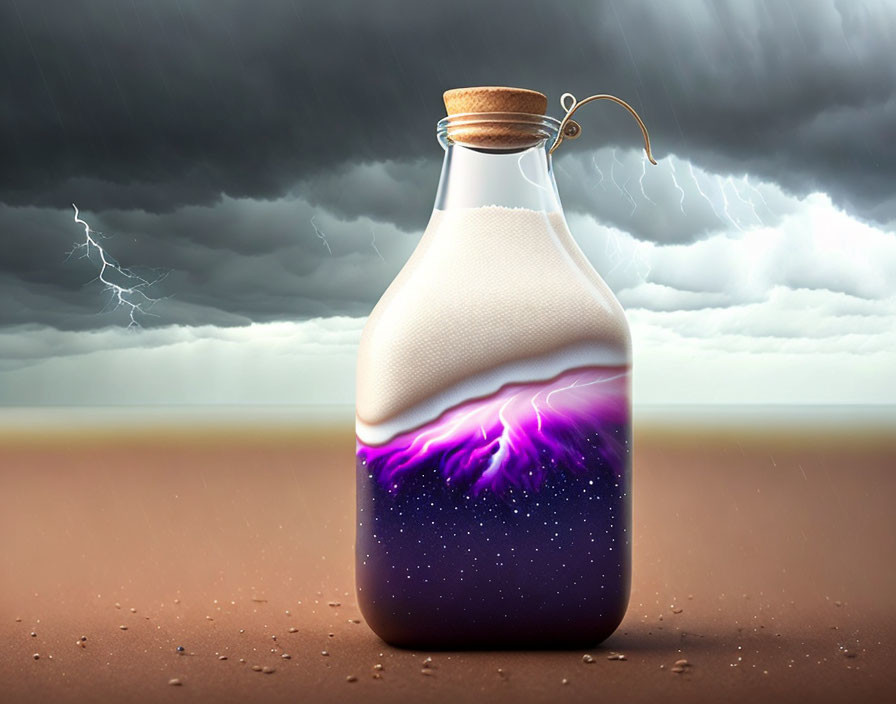 Surreal illustration: Glass bottle in barren landscape with swirling galaxy under stormy sky