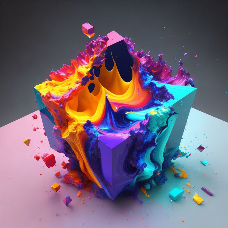 Colorful 3D digital art: Melting cubic structure with liquid-like substances