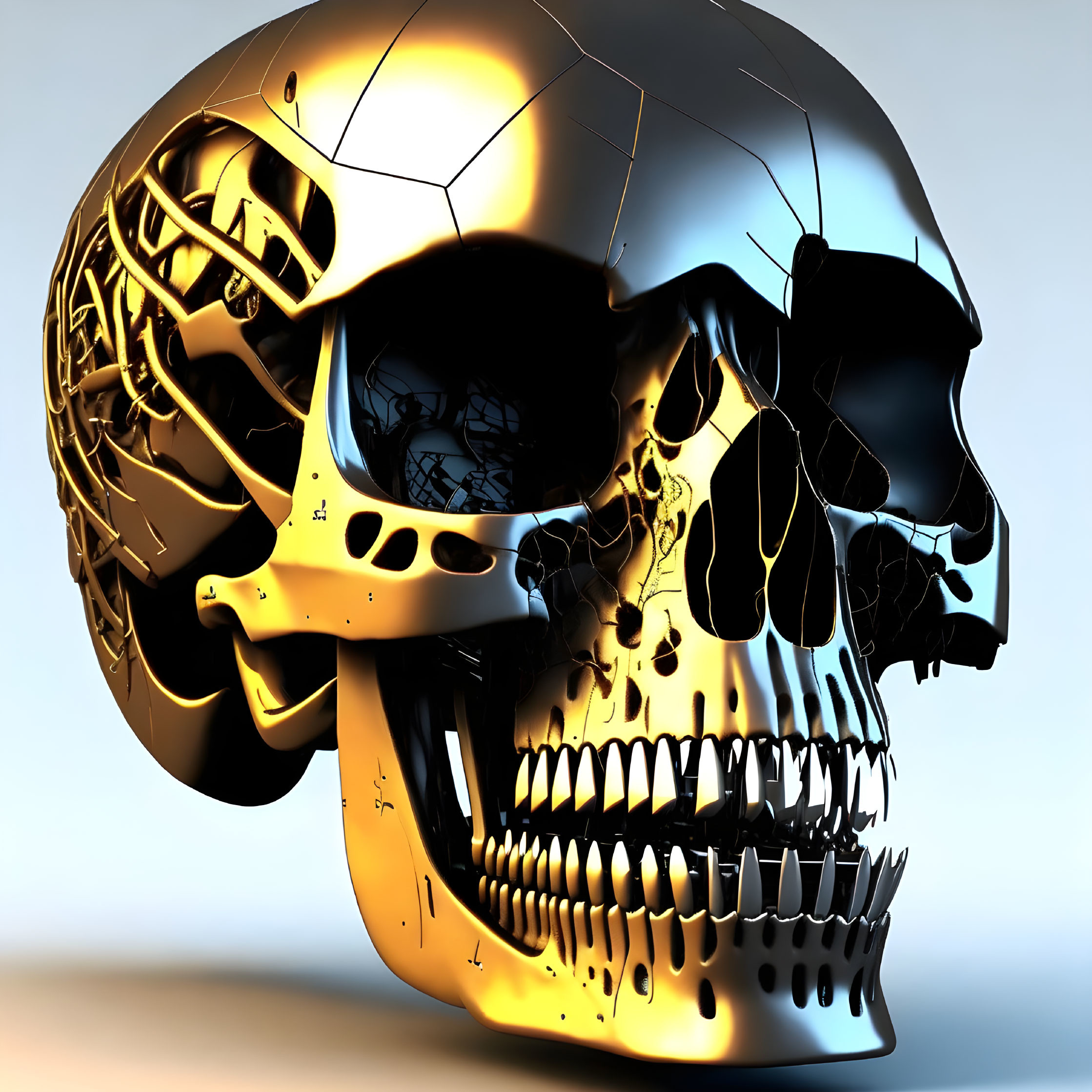 Half-Human, Half-Machine Skull Artwork on Blue Background