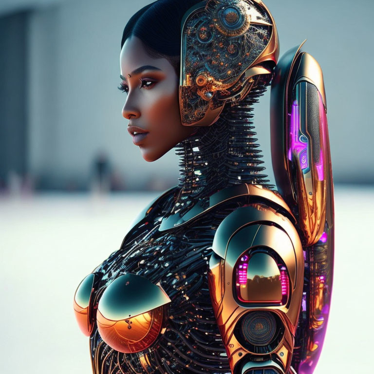 Detailed futuristic female android with human-like face and mechanical parts in soft-focus setting