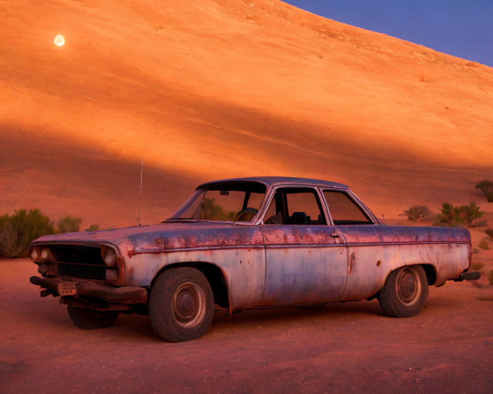 Rusty abandoned car under twilight sky with sand dune and moon