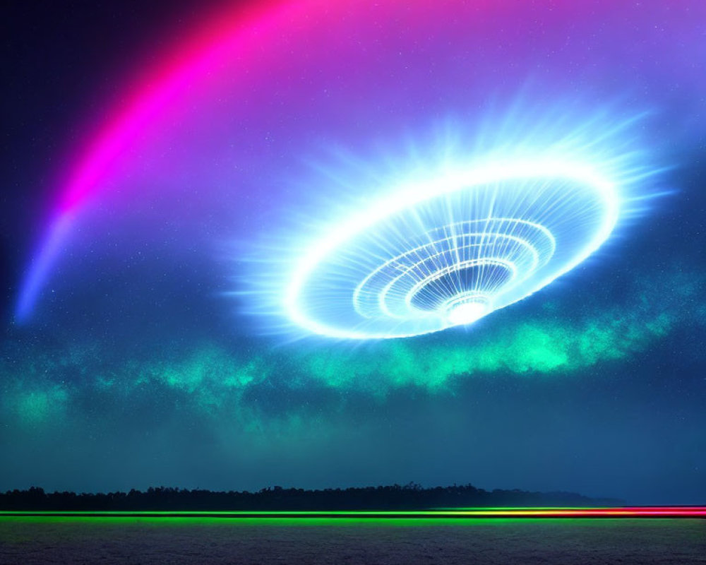 Vivid aurora with glowing UFO above dark night landscape