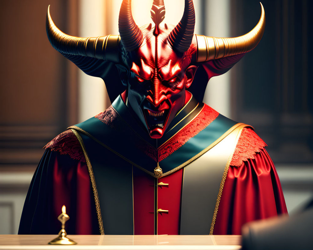 Sinister figure with red demonic face and horns in green robe at desk