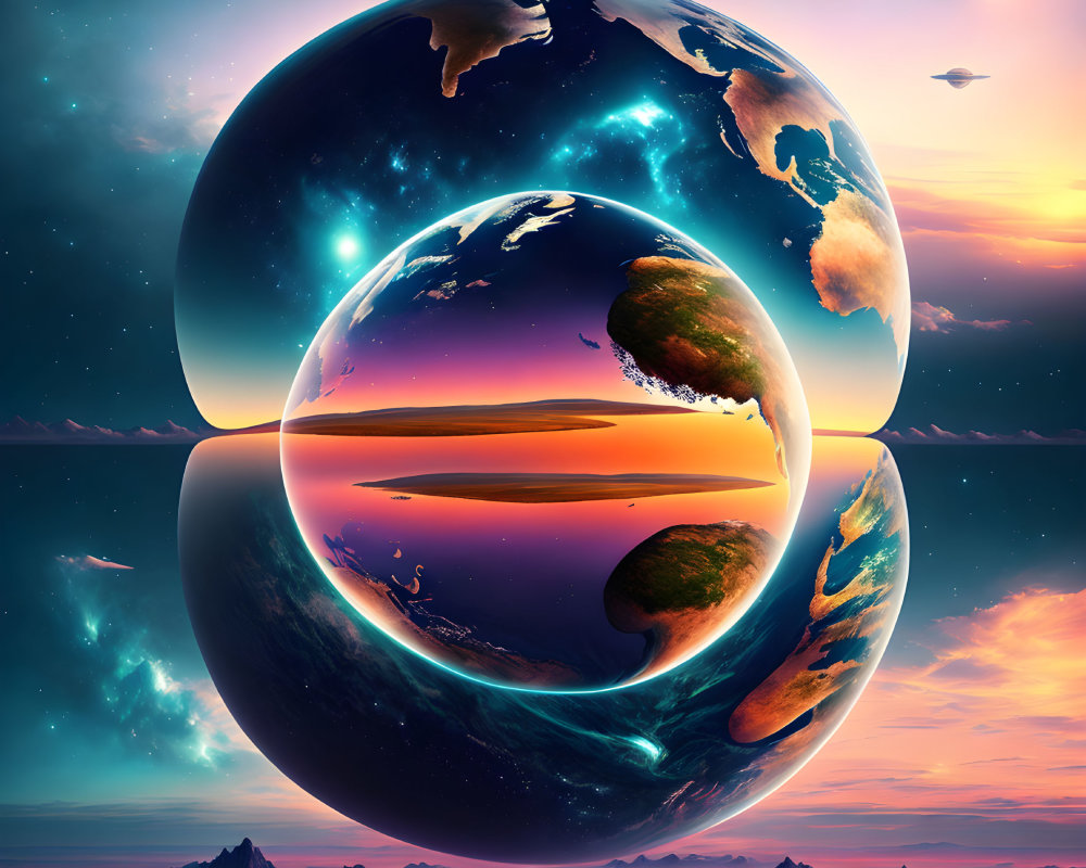 Surreal digital artwork: Earth-like planets in cosmic circle